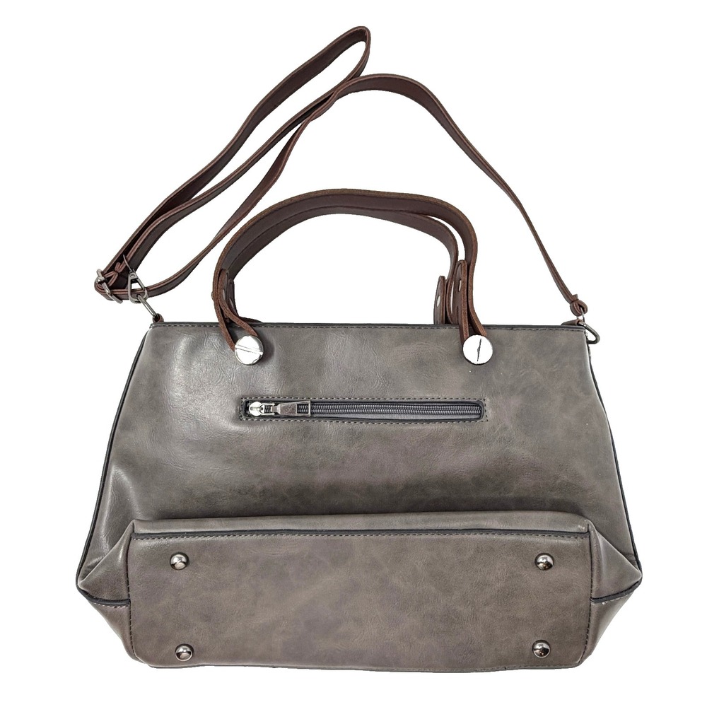 Gray Leather Tote Bag Brown Strap Large Zip Pocket Shoulder Bag - Picture 4 of 15